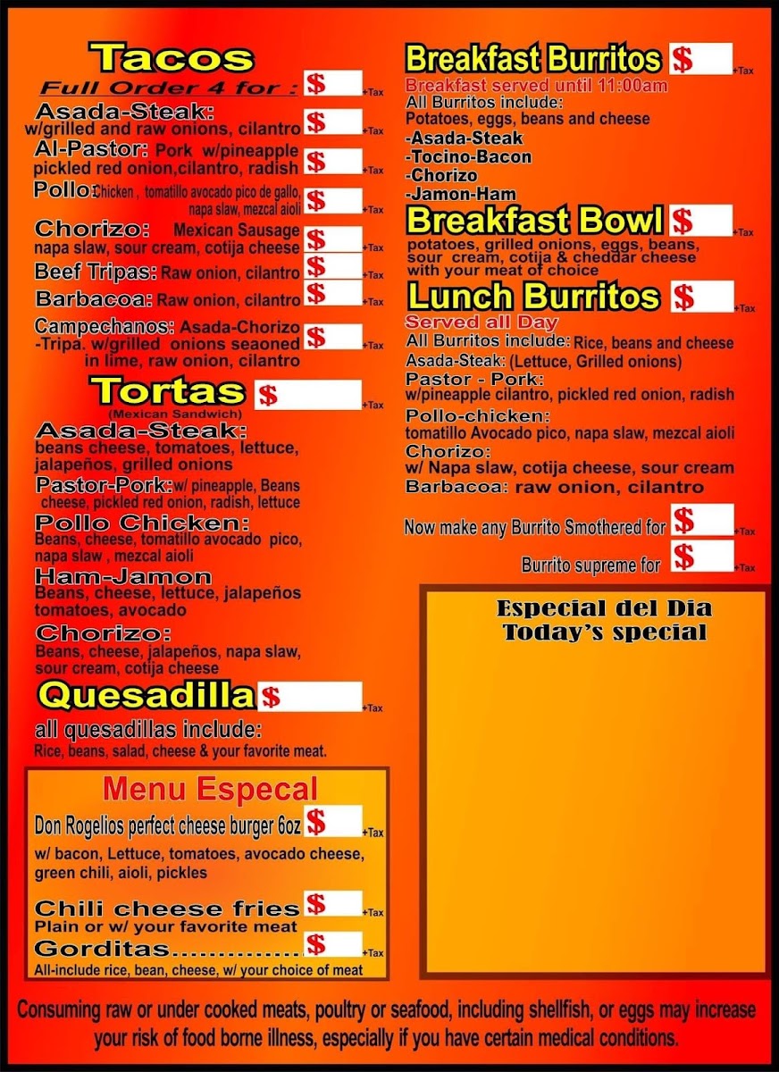 Issai's Catering/Don Rogelio's Mexican St. Tacos menu board