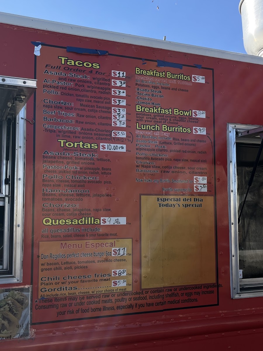 Issai's Catering/Don Rogelio's Mexican St. Tacos menu board