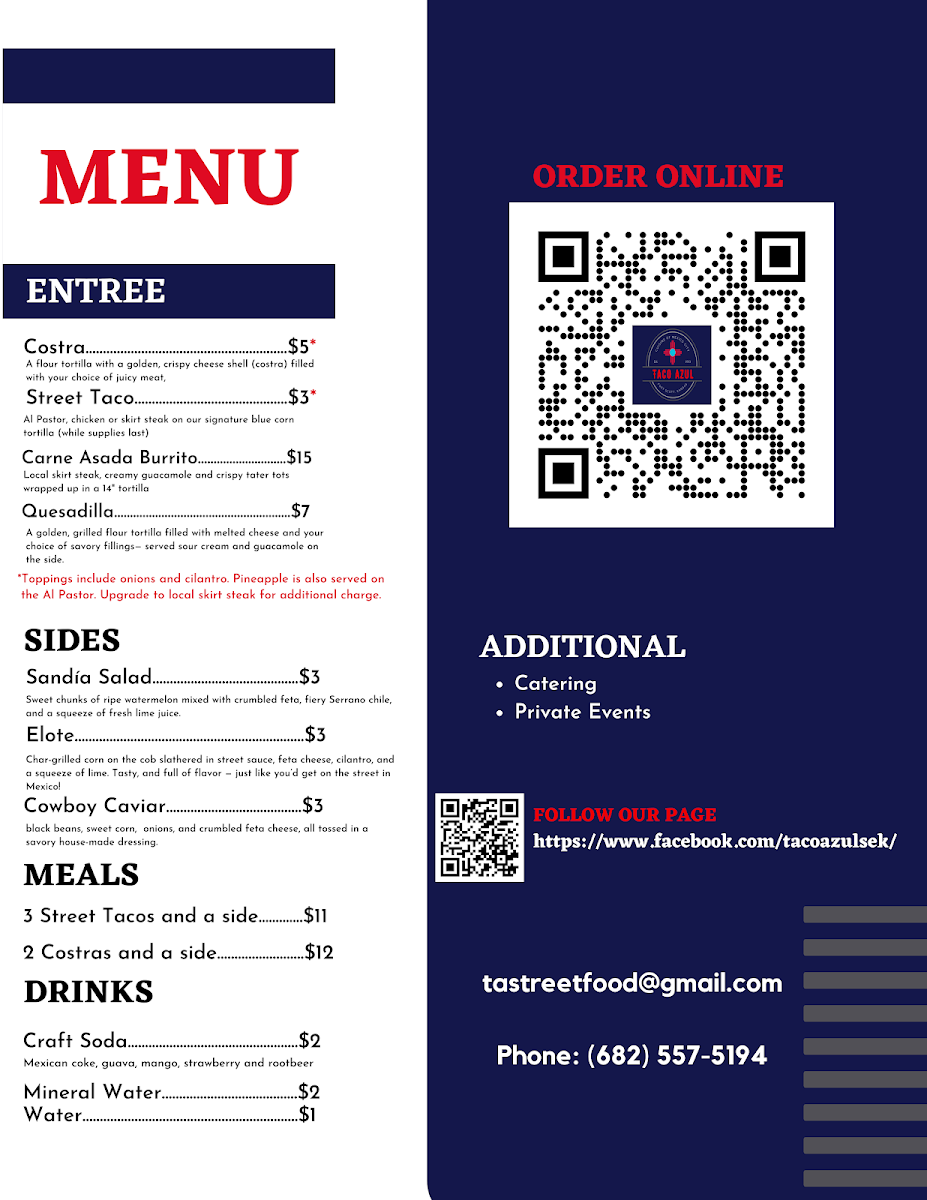 Taco Azul menu board