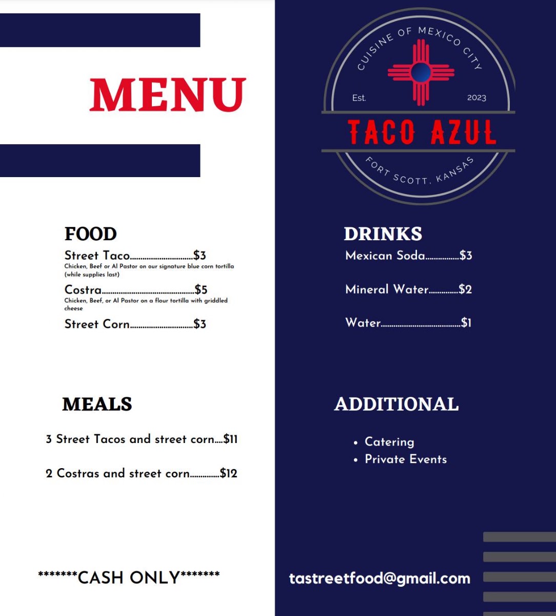 Taco Azul menu board