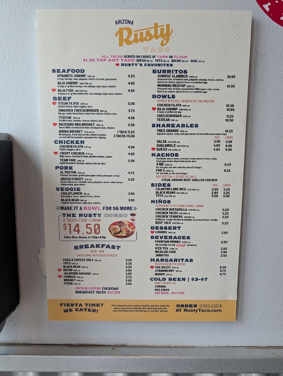 Rusty Taco menu board