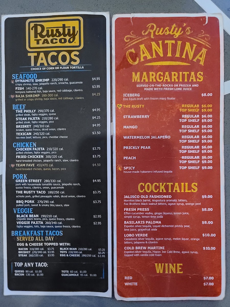 Rusty Taco menu board