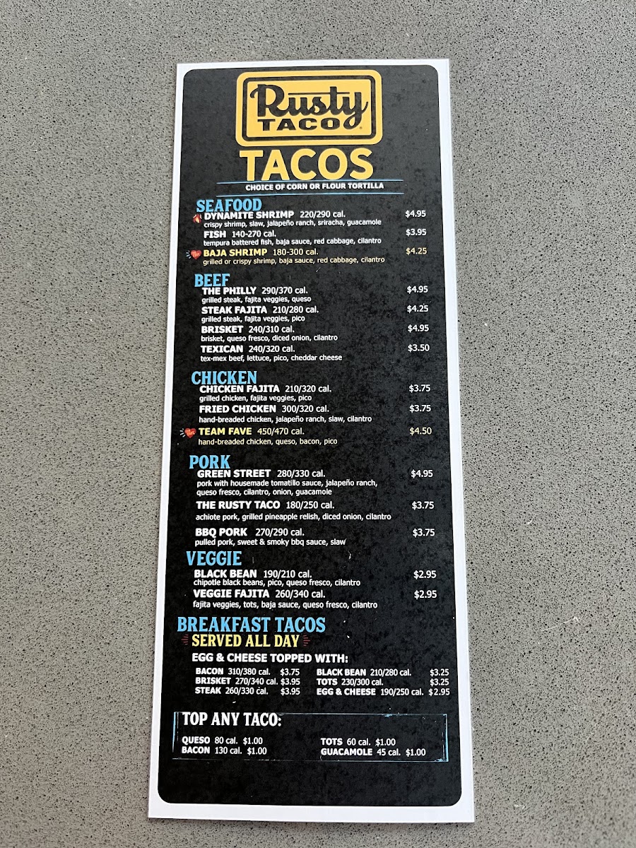 Rusty Taco menu board