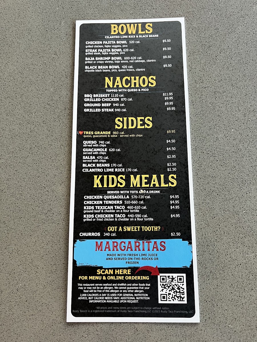 Rusty Taco menu board