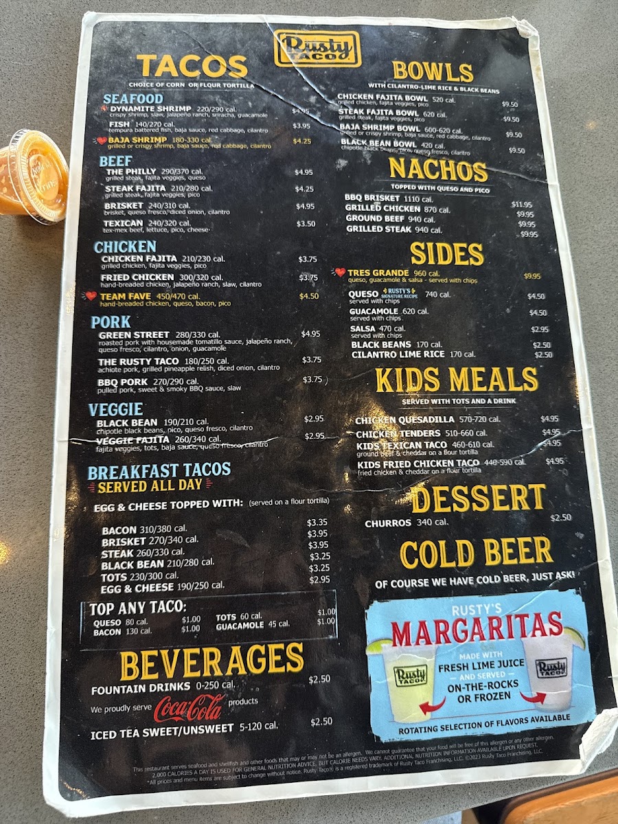 Rusty Taco menu board