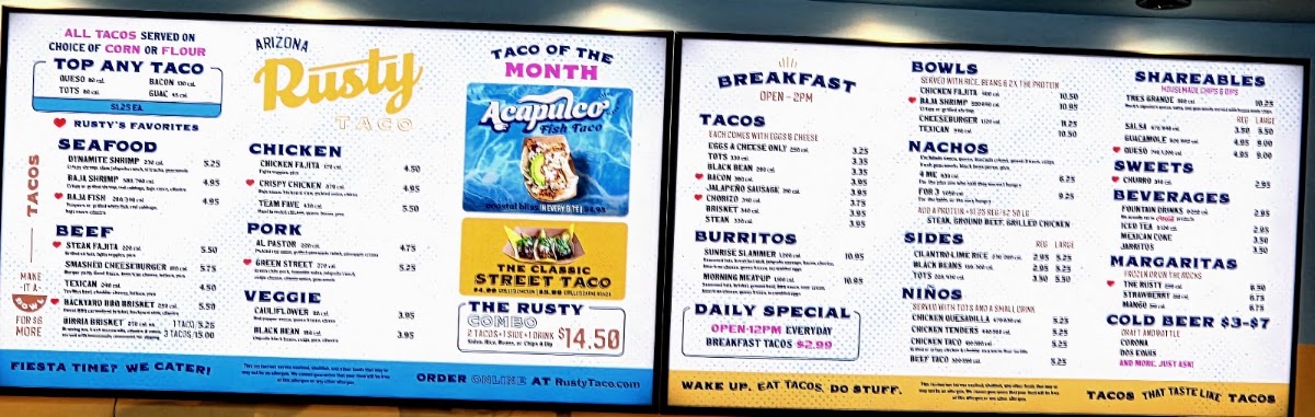 Rusty Taco menu board