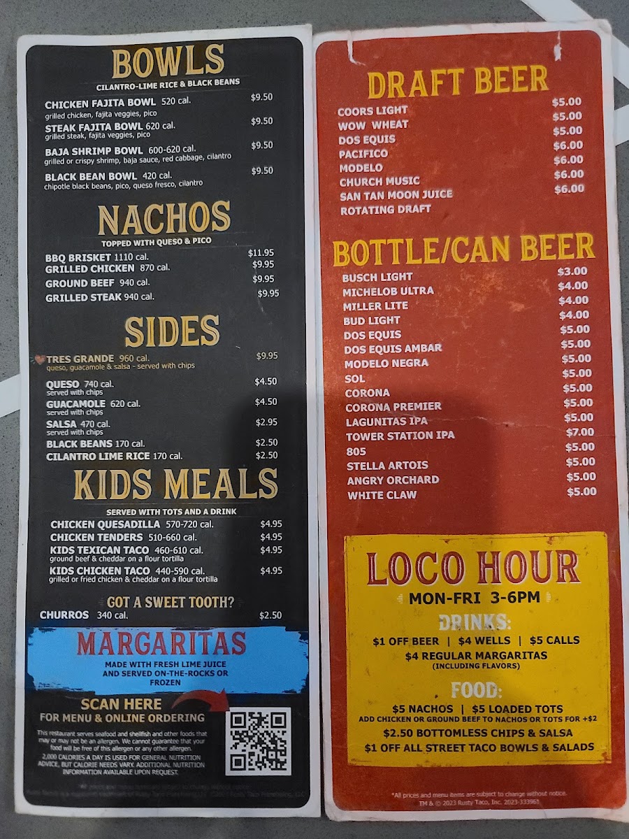 Rusty Taco menu board