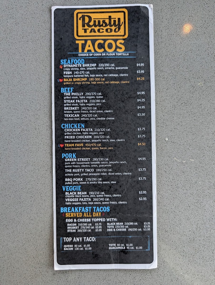 Rusty Taco menu board
