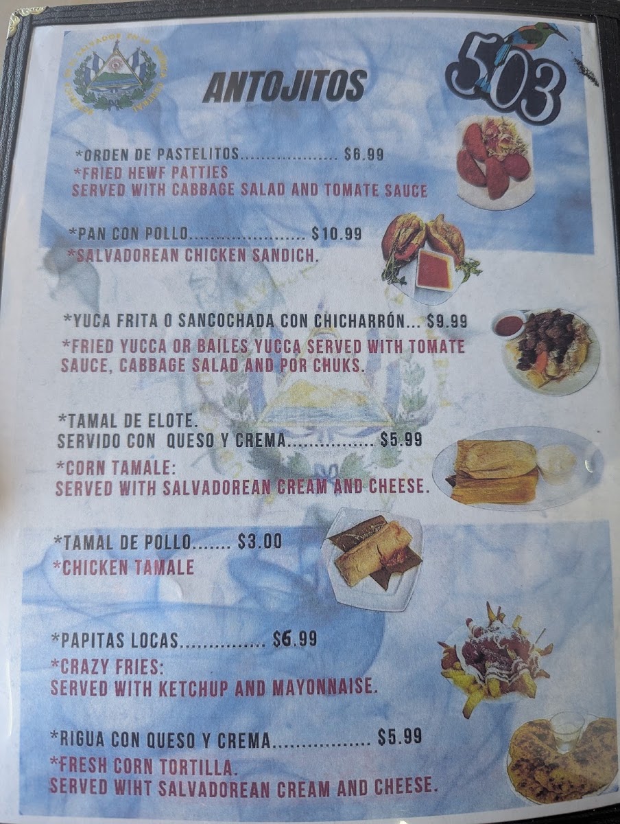 Pupuseria y Antojitos El Pulgarcito. menu board