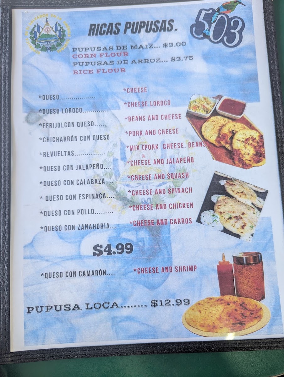 Pupuseria y Antojitos El Pulgarcito. menu board