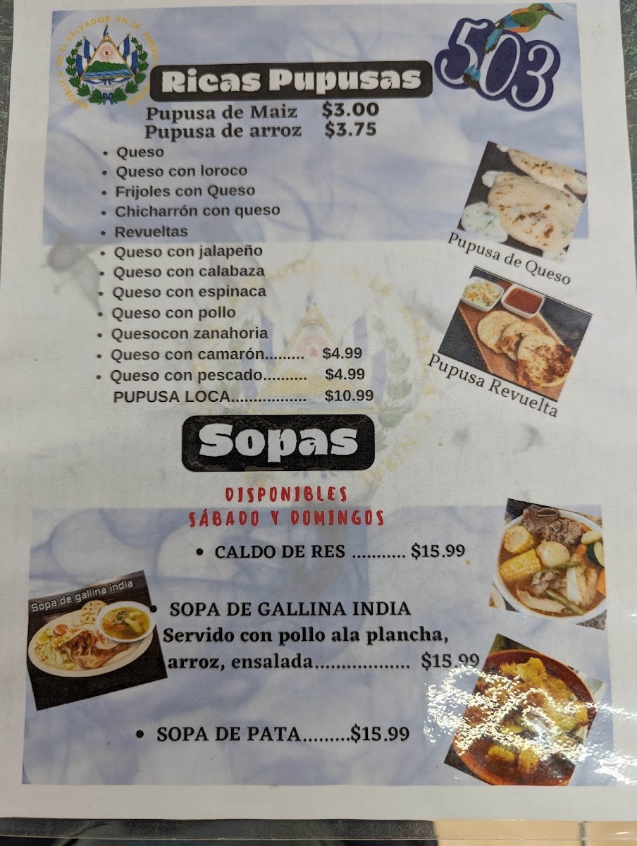 Pupuseria y Antojitos El Pulgarcito. menu board
