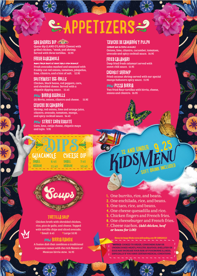 San Andres Mexican Restaurant Villa Rica menu board