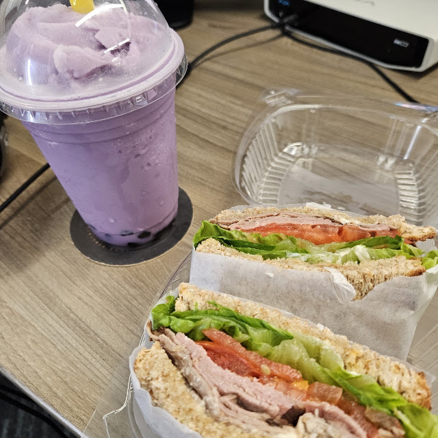 Taro Milk Tea and Turkey Sandwich