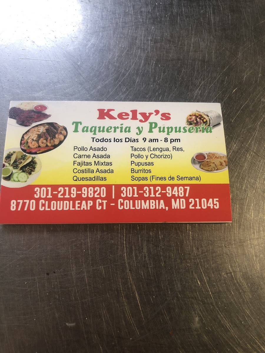 Kely's Taqueria y Pupuseria menu board