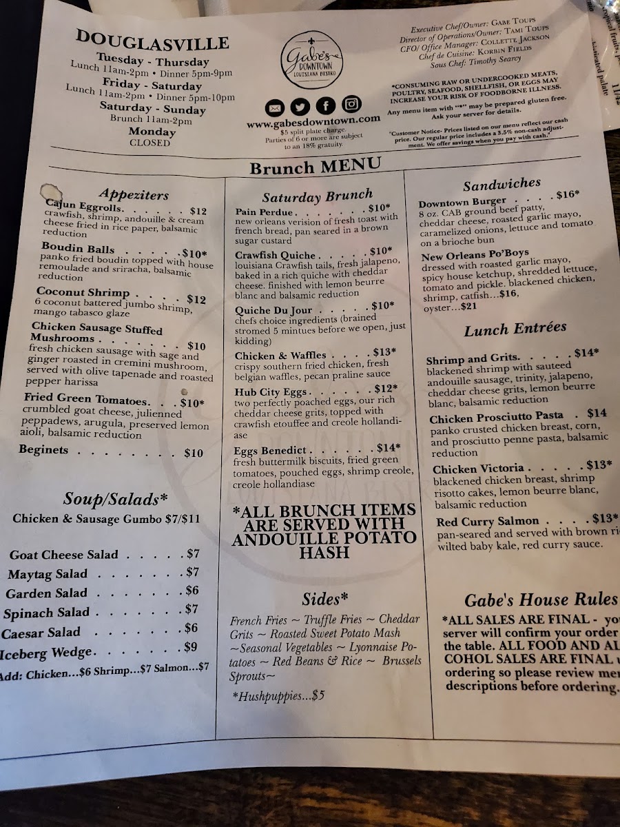Gabe's Downtown menu board