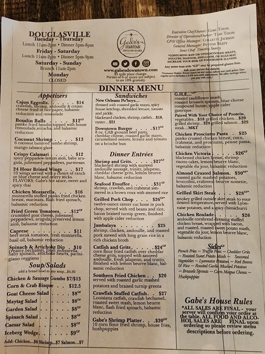 Gabe's Downtown menu board