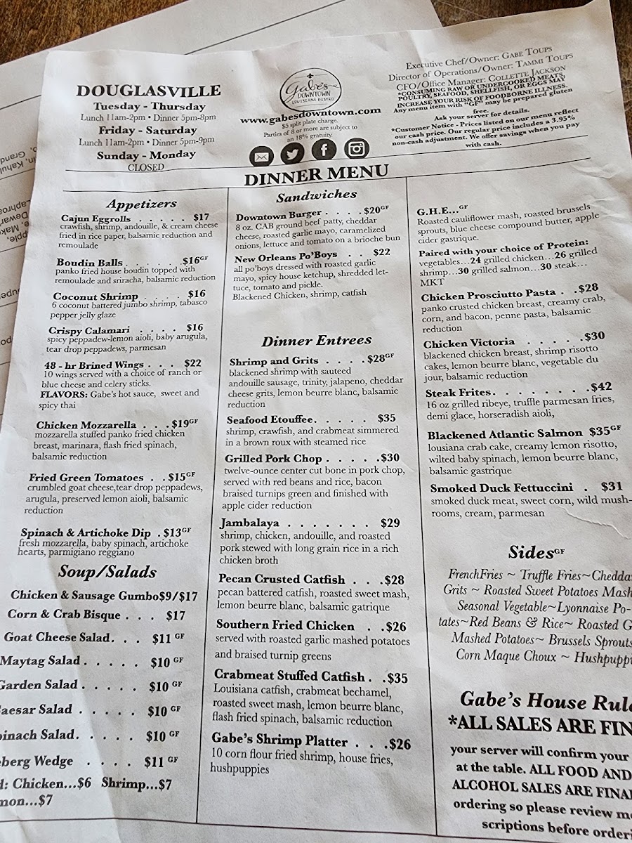 Gabe's Downtown menu board