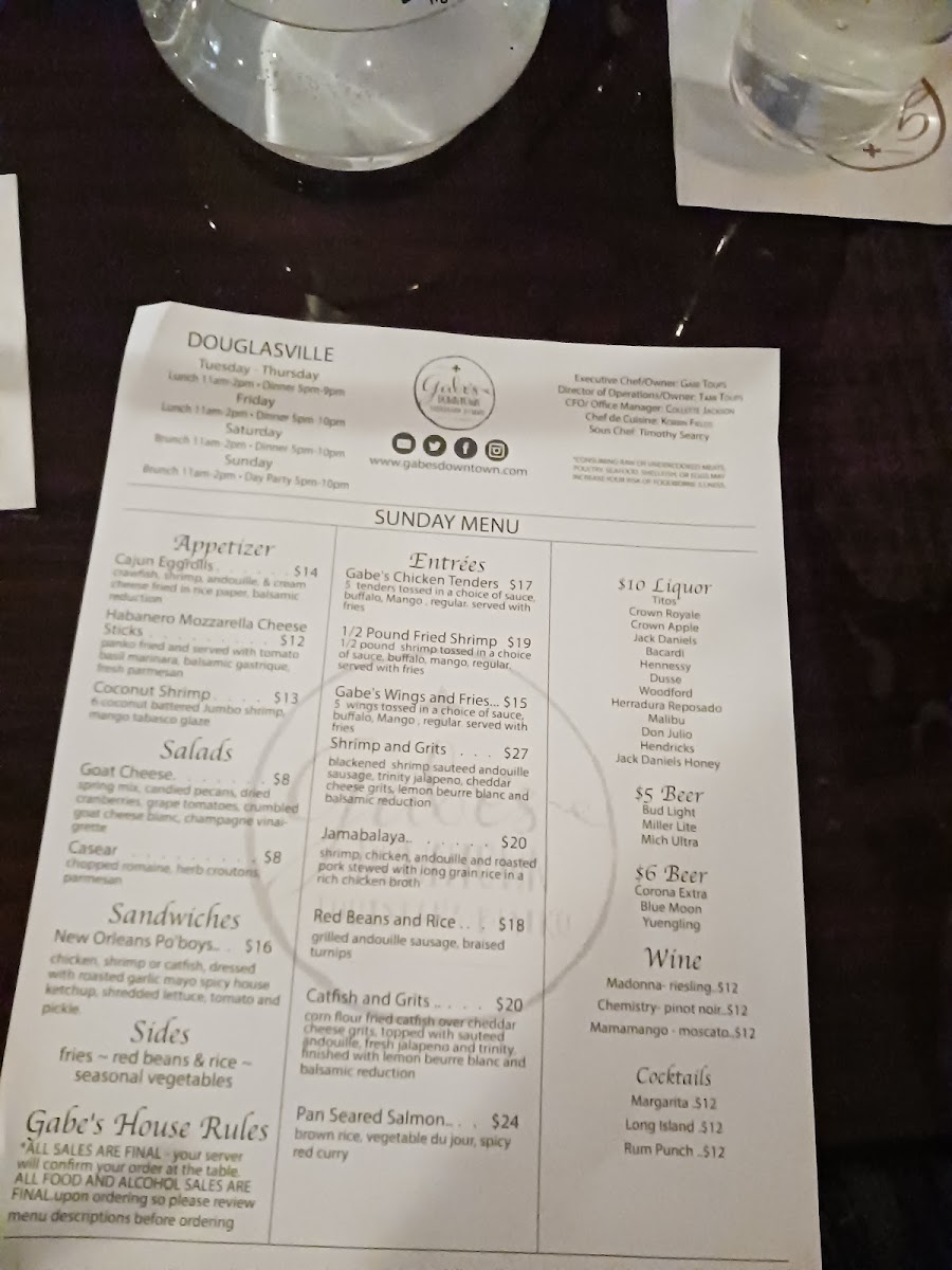 Gabe's Downtown menu board