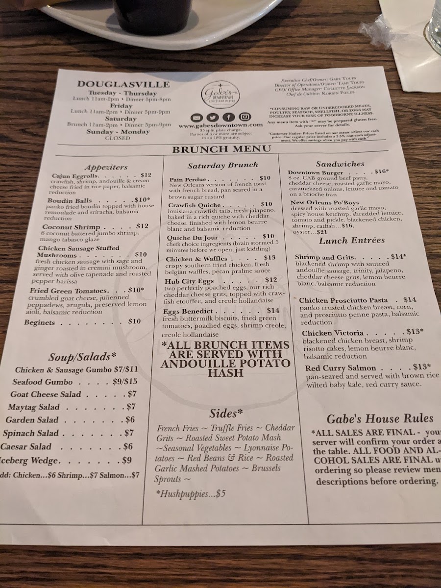 Gabe's Downtown menu board