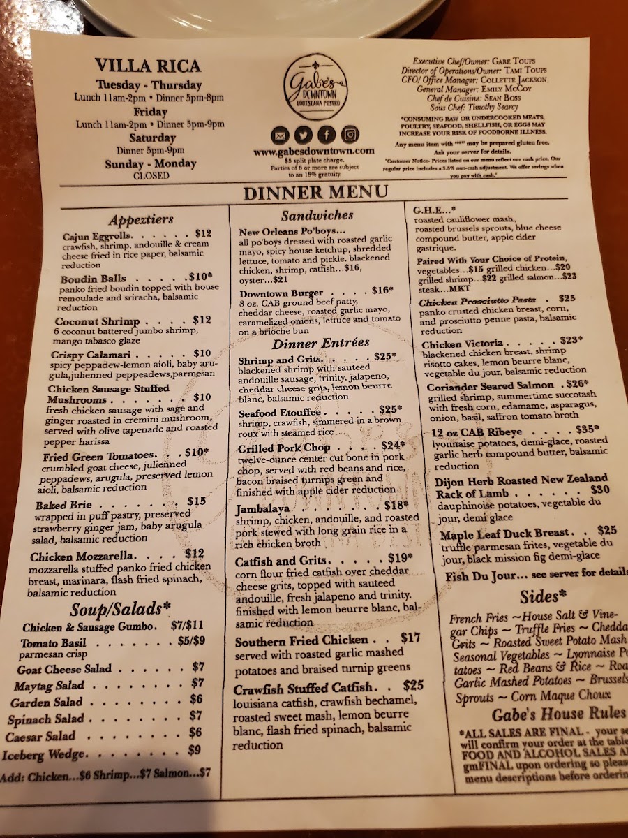 Gabe's Downtown menu board