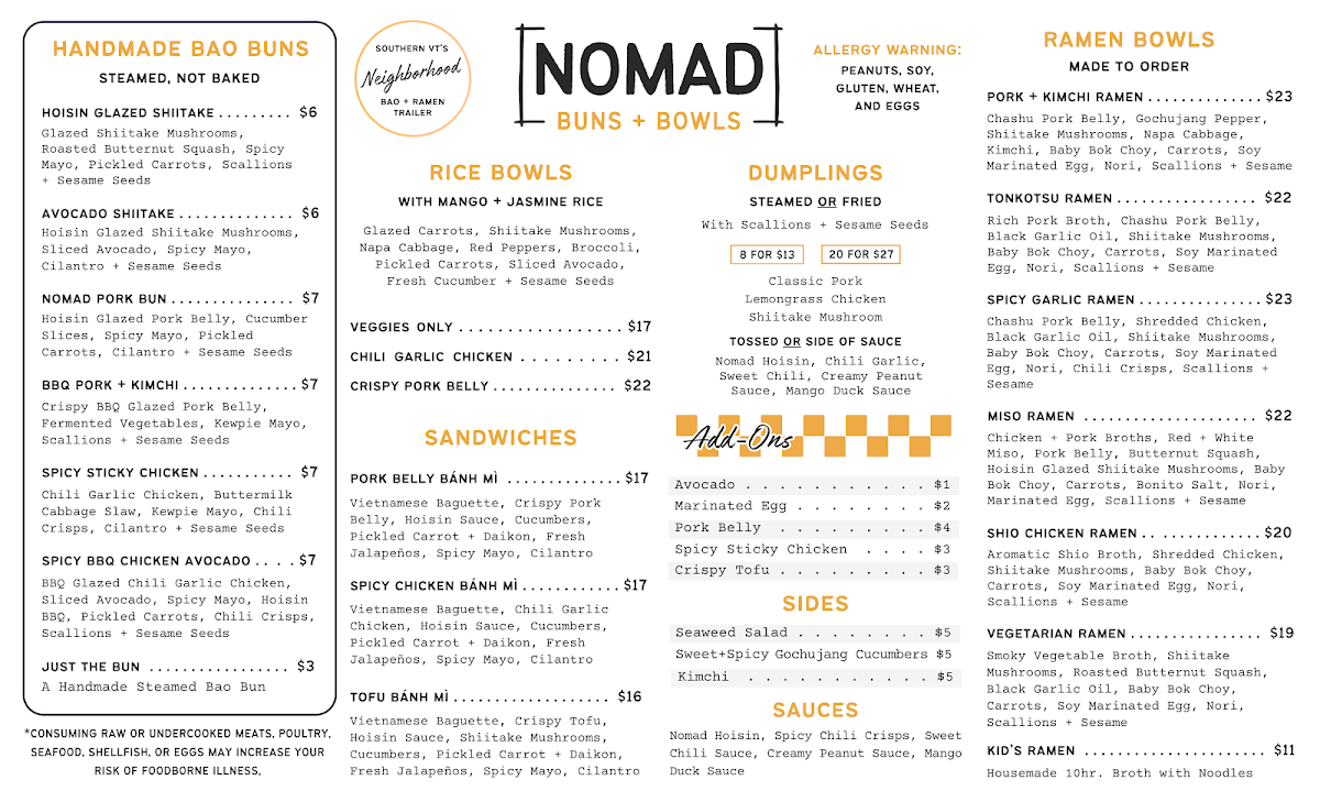 Nomad Buns + Bowls menu board