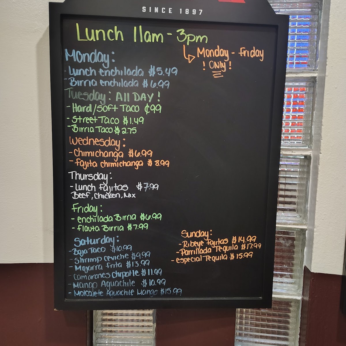 Tequila Mexican Bar & Grill menu board