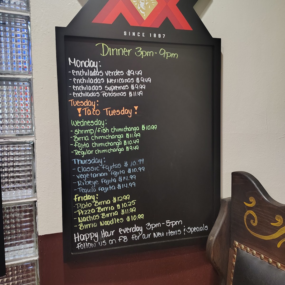 Tequila Mexican Bar & Grill menu board