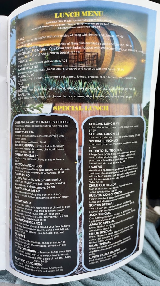 Tequila Mexican Bar & Grill menu board