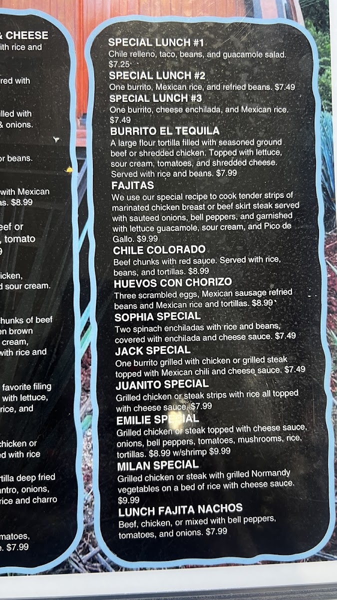 Tequila Mexican Bar & Grill menu board