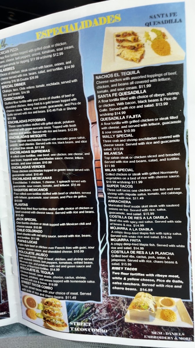 Tequila Mexican Bar & Grill menu board