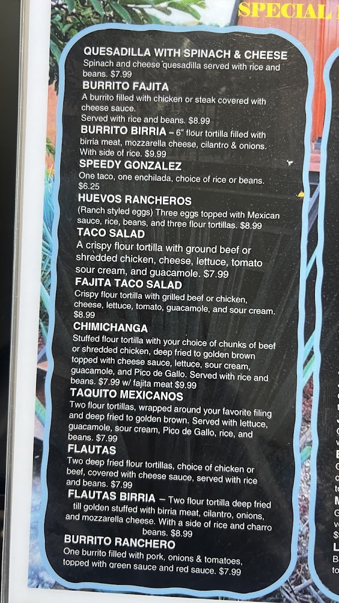 Tequila Mexican Bar & Grill menu board