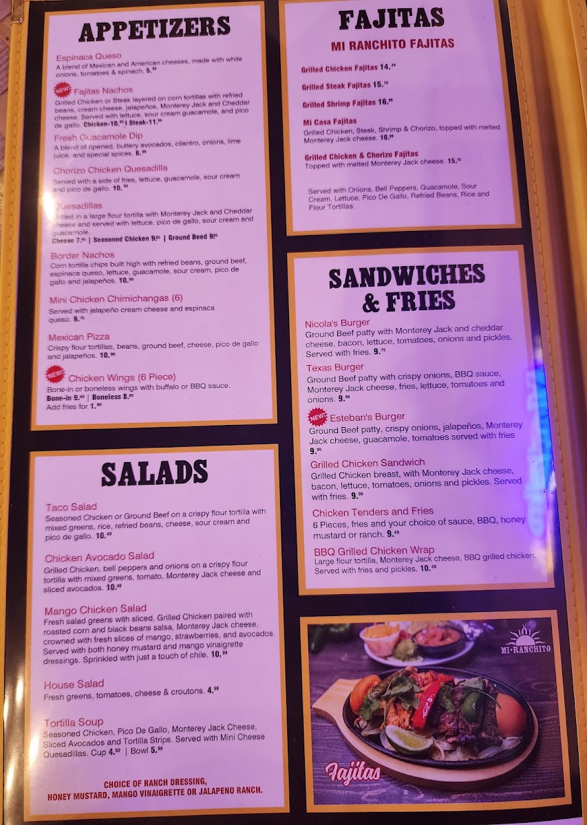 Mi Ranchito menu board