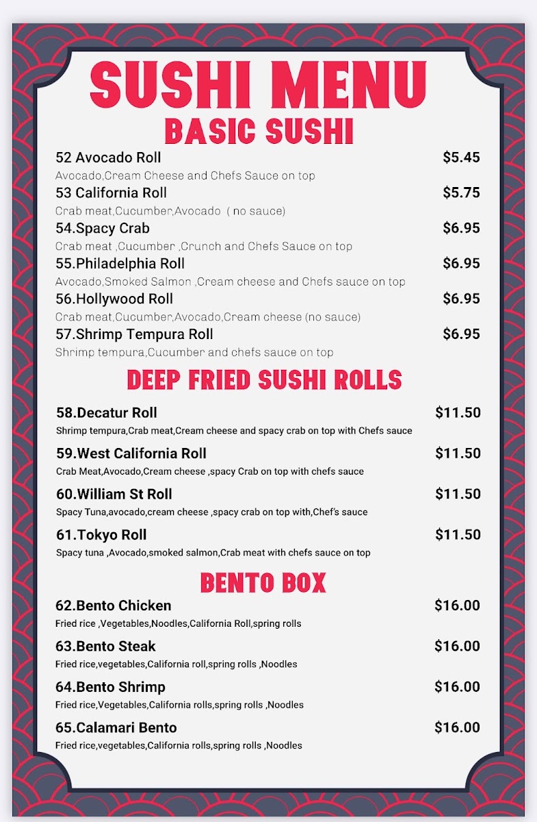 Tokyo Hibachi Decatur menu board