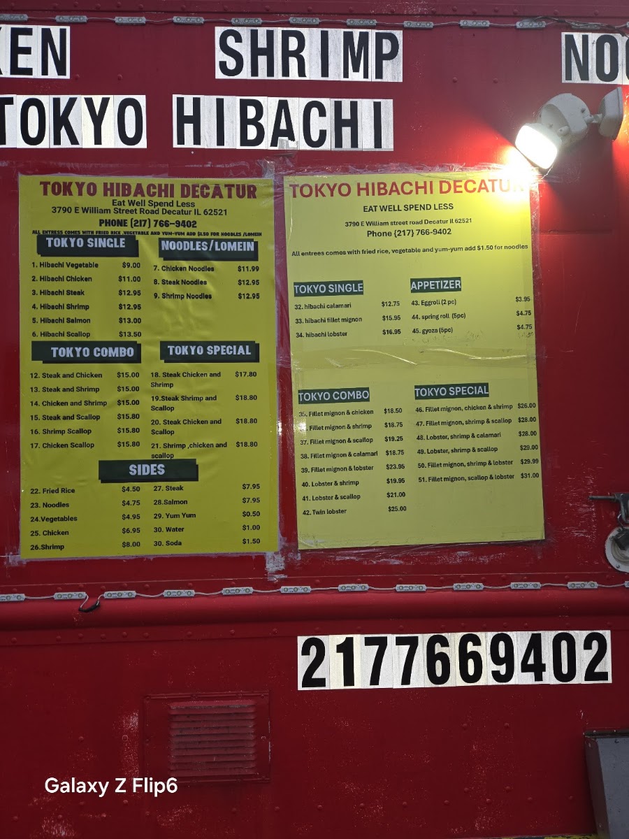 Tokyo Hibachi Decatur menu board