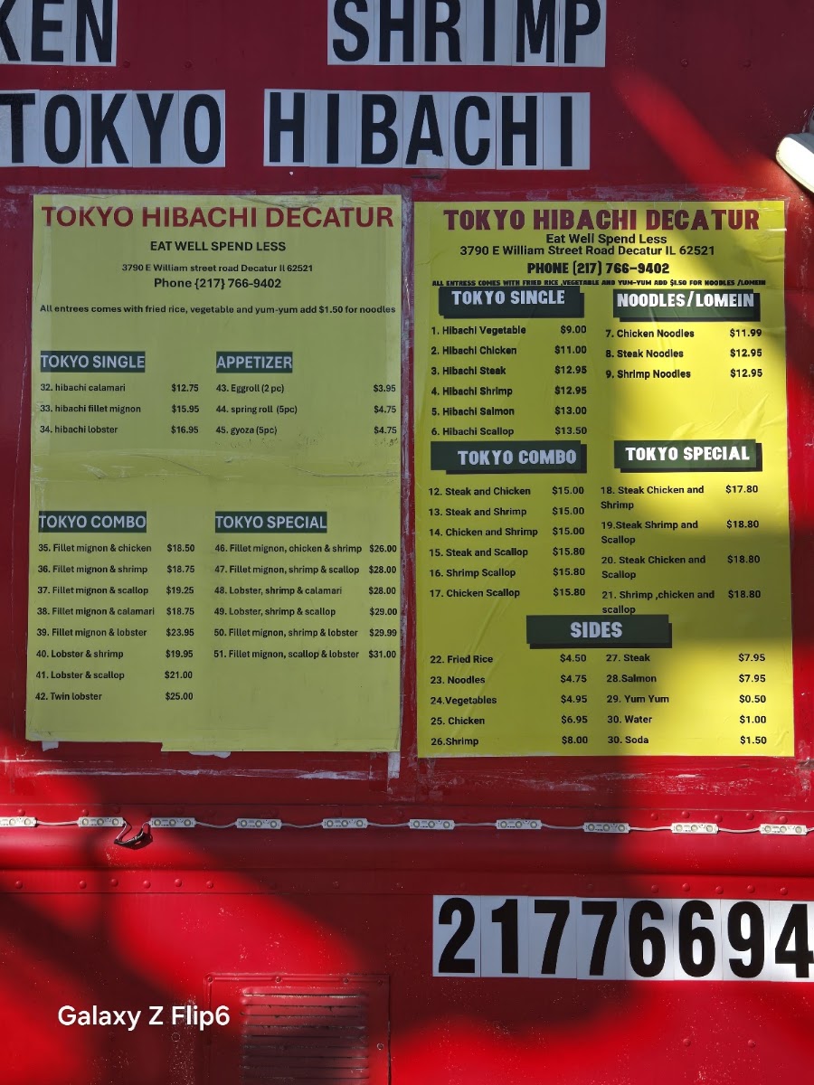 Tokyo Hibachi Decatur menu board