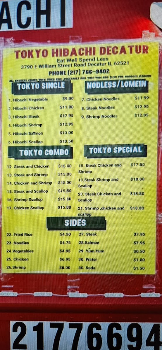Tokyo Hibachi Decatur menu board