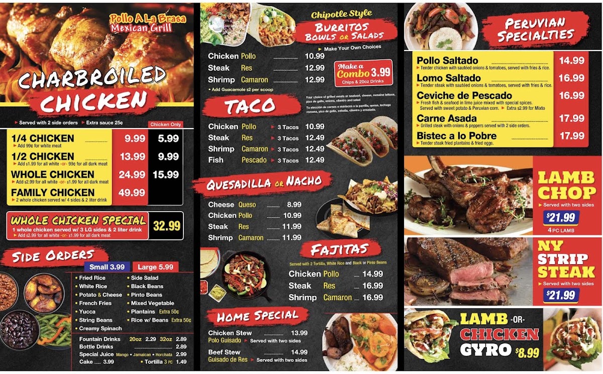 Peruvian Charcoal Chicken and Grill menu board