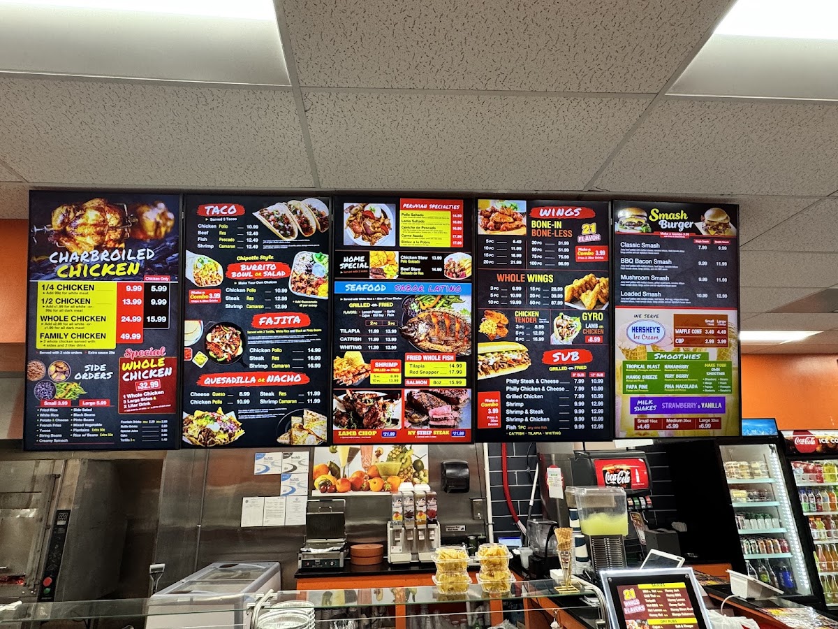 Peruvian Charcoal Chicken and Grill menu board