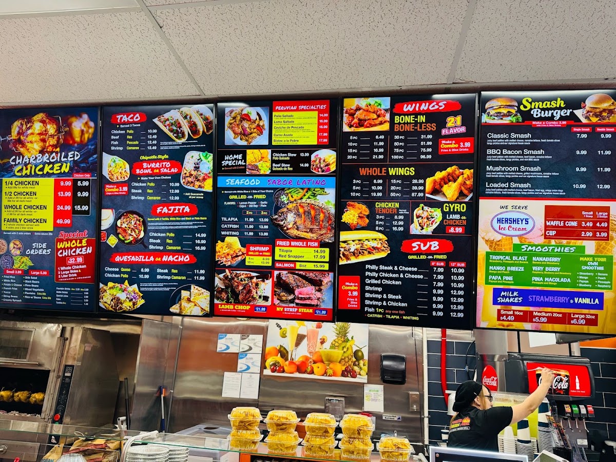 Peruvian Charcoal Chicken and Grill menu board