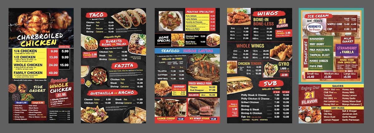 Peruvian Charcoal Chicken and Grill menu board
