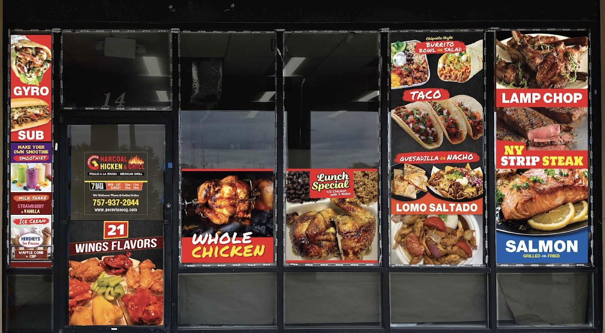 Peruvian Charcoal Chicken and Grill menu board