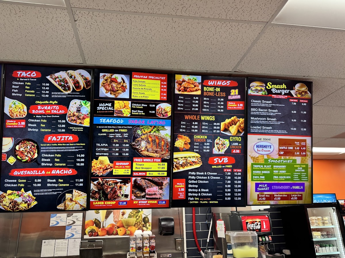 Peruvian Charcoal Chicken and Grill menu board