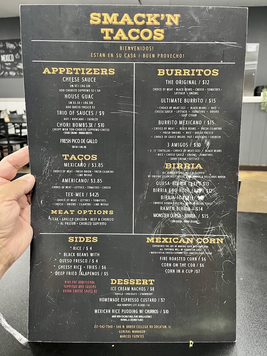 Smack'n Tacos Taqueria & Bar menu board