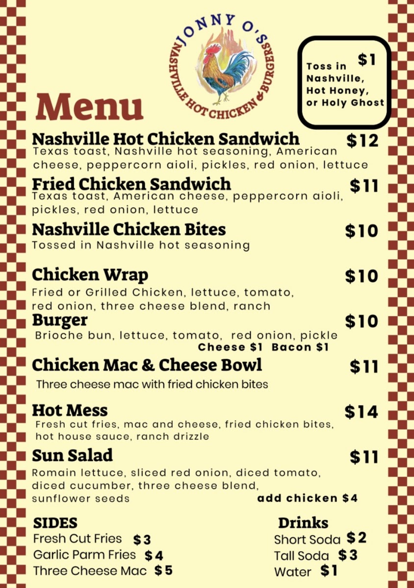 Jonny O's Nashville Hot Chicken & Burgers menu board