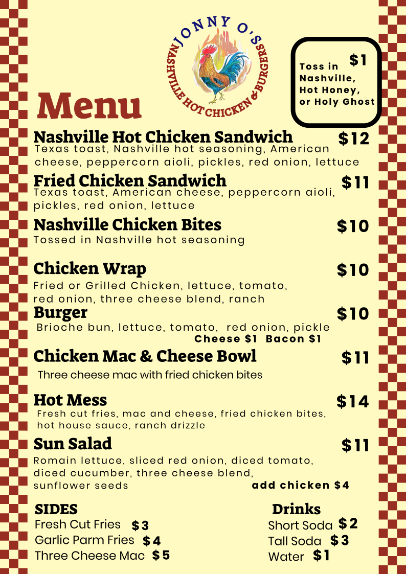 Jonny O's Nashville Hot Chicken & Burgers menu board