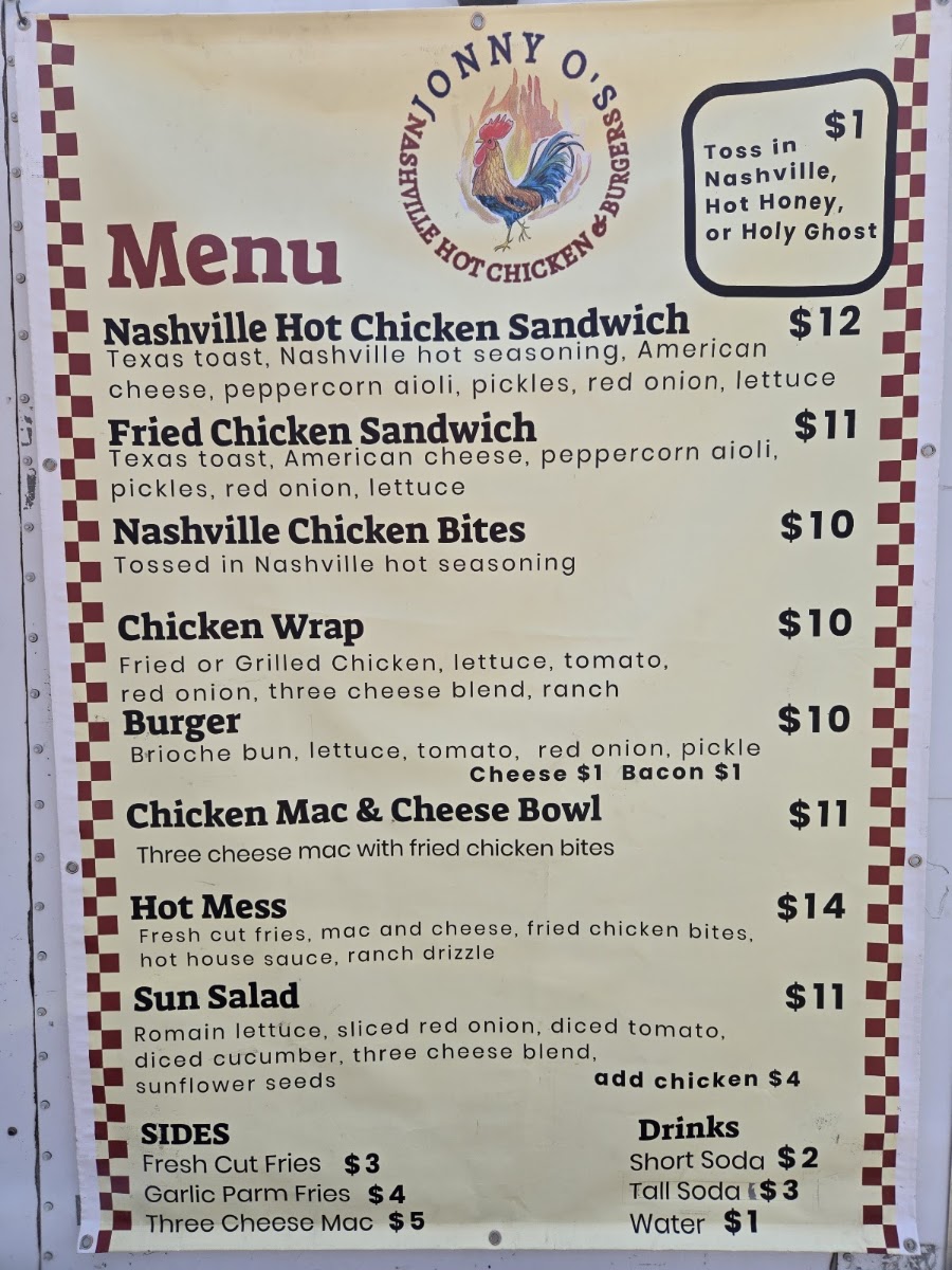 Jonny O's Nashville Hot Chicken & Burgers menu board