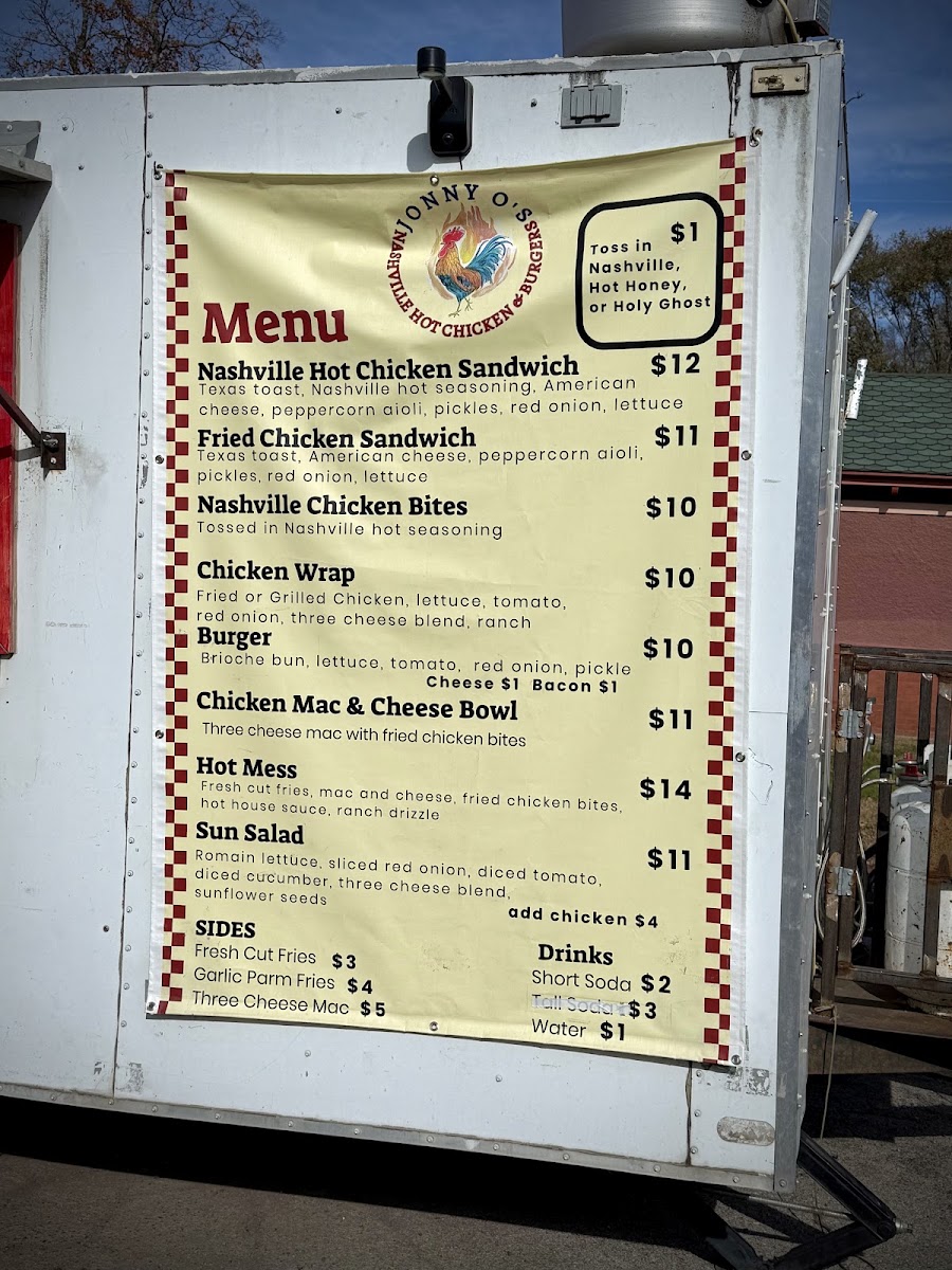Jonny O's Nashville Hot Chicken & Burgers menu board