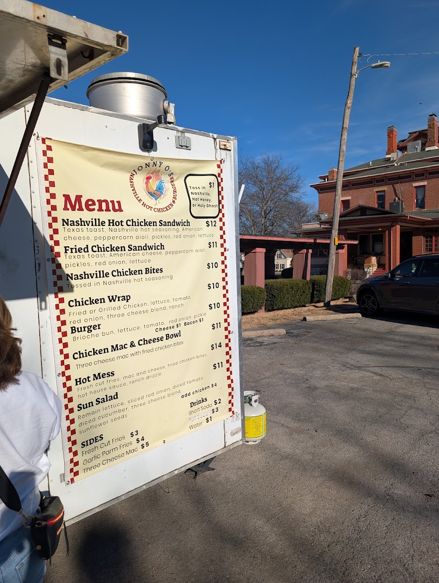 Jonny O's Nashville Hot Chicken & Burgers menu board