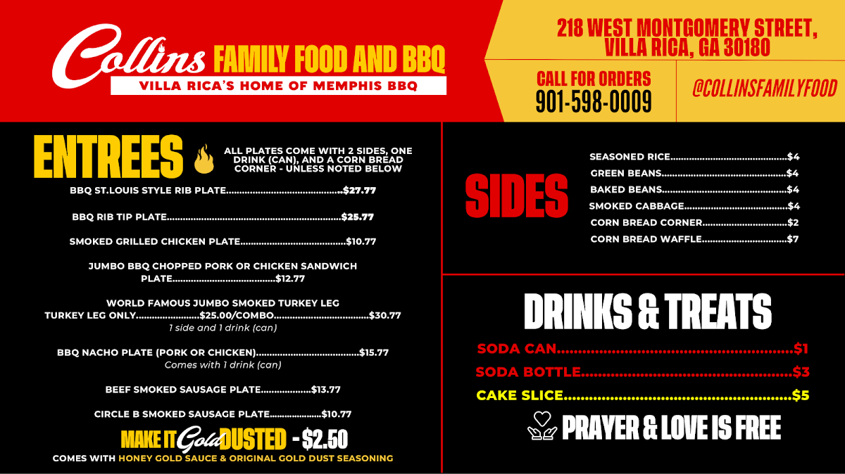 Collins Family Food and BBQ menu board