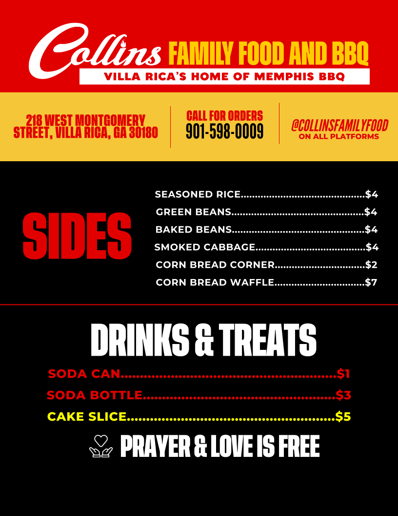 Collins Family Food and BBQ menu board